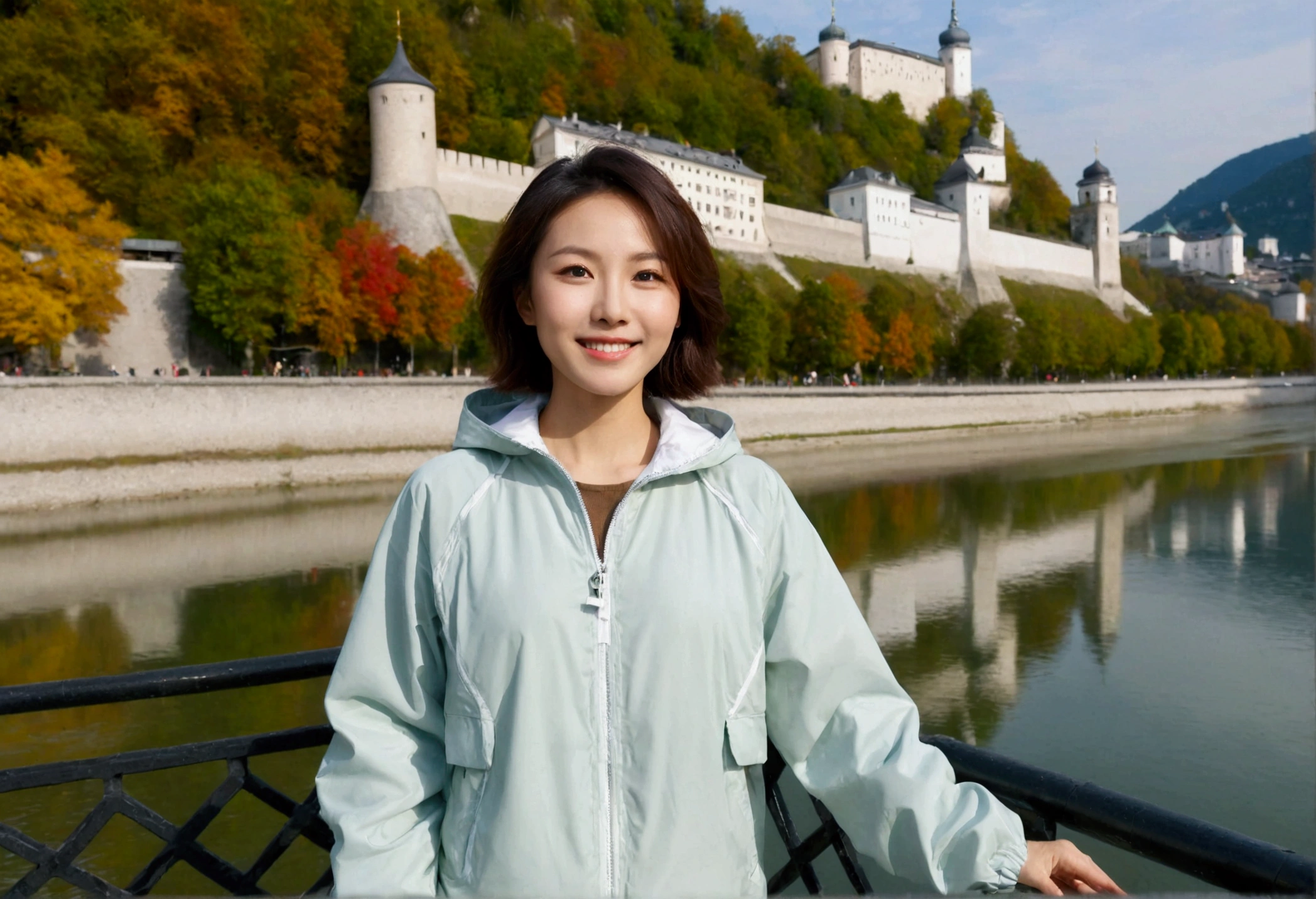 high quality, 1 woman, ((36-year-old healthy Korean woman)), ((36 years old)), 1 woman, The eyes are big, clear and pretty.. ((slim)), ((short medium hair)), Smile. pose: standing, windbreaker jacket, background:Your residence is a baroque townhouse with a plaster façade and wrought iron railings.., autumn, Maple, Overlooking the Salzach River and Hohensalzburg Fortress, looking slightly up, 1 woman, Full body shot with Canon 16-34 wide angle lens, river view