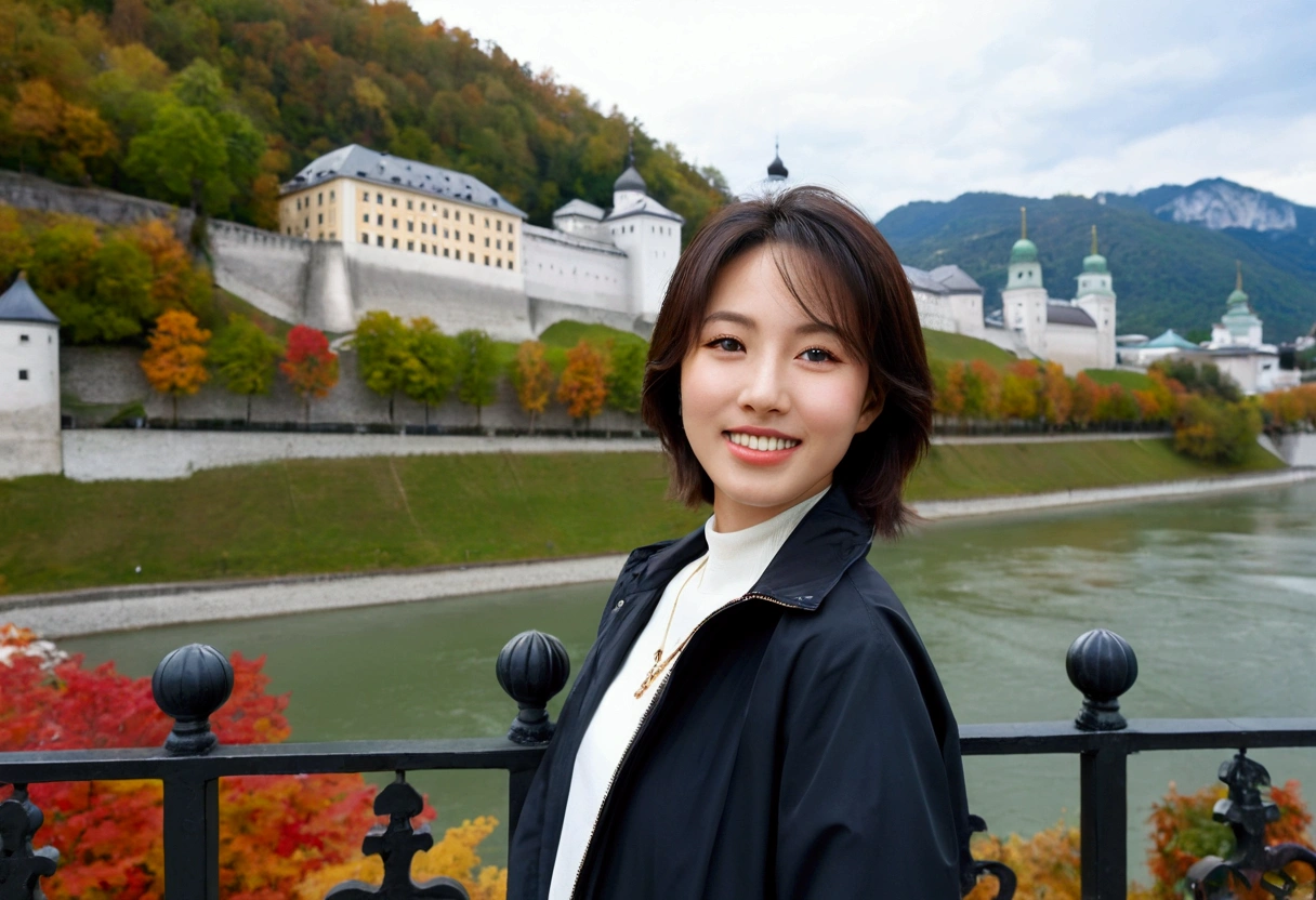 high quality, 1 woman, ((36-year-old healthy Korean woman)), ((36 years old)), 1 woman, The eyes are big, clear and pretty.. ((slim)), ((short medium hair)), Smile. pose: standing, windbreaker jacket, background:Your residence is a baroque townhouse with a plaster façade and wrought iron railings.., autumn, Maple, Overlooking the Salzach River and Hohensalzburg Fortress, looking slightly up, 1 woman, Full body shot with Canon 16-34 wide angle lens, river view