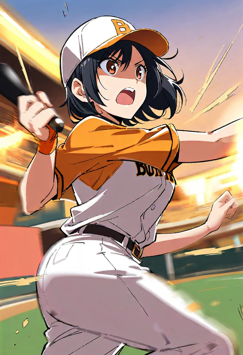 ((1 female, プロbaseball player)), Black Hair, short hair, Brown eyes, Saitama Astraia, ((baseball player:1.2, バットswing, Motion Blur Effect)), Orange and white baseball uniform, Pants Style, Baseball cap, butter&#39;swing, ((Detailed bat, Wooden bat)), Sharp eyes, Accurate batting, The ball flies in an arc, Stadium frenzy, Back screen and scoreboard, Cheering squad in the audience, Vibrant atmosphere, Dynamic Angle, stadium lighting, ((Anime illustration)), (Highest quality:1.2, Very detailed, Ultra-high resolution, High detail, masterpiece:1.2, Best aesthetics).