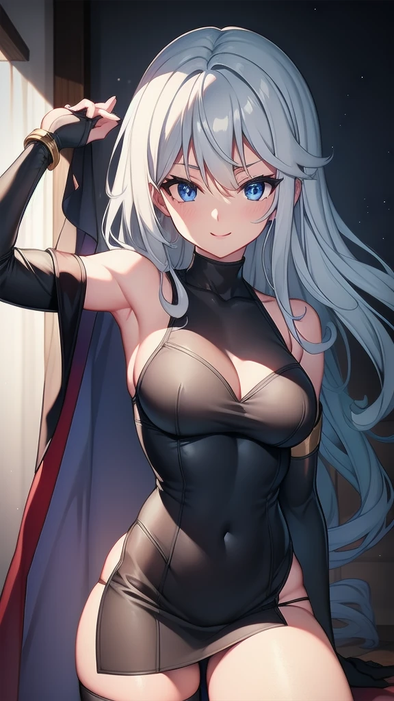 masterpiece, best quality, 1 solo girl, silver hair, blue eyes, long hair, medium breasts, sexy body and face, wavy hair, smile, parted lips, gradient clothes, dress, elbow gloves, sleeveless, bare shoulders, cape, boots, bracelet, sleeveless dress, ribbon, black gloves, turtleneck, short dress, pantyhose, black footwear, night, sexy pose, cowboy shots, detailed body, face, and eyes, sharp focus, vibrant, creative, dynamic, high definition, high resolution, 8k, (Upscale: R-ESRGAN 4x+ Anime6mage enchance:4x), voluptuous body, cinema lightning, dakimakura style, looking at the viewer,