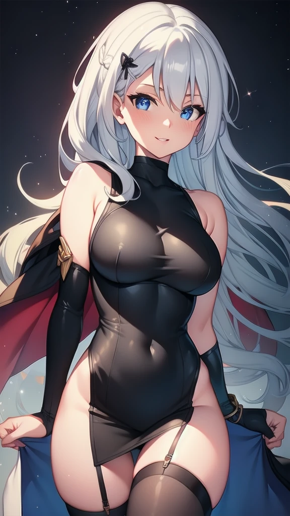 masterpiece, best quality, 1 solo girl, silver hair, blue eyes, long hair, medium breasts, sexy body and face, wavy hair, smile, parted lips, gradient clothes, dress, elbow gloves, sleeveless, bare shoulders, cape, boots, bracelet, sleeveless dress, ribbon, black gloves, turtleneck, short dress, pantyhose, black footwear, night, sexy pose, cowboy shots, detailed body, face, and eyes, sharp focus, vibrant, creative, dynamic, high definition, high resolution, 8k, (Upscale: R-ESRGAN 4x+ Anime6mage enchance:4x), voluptuous body, cinema lightning, dakimakura style, looking at the viewer,