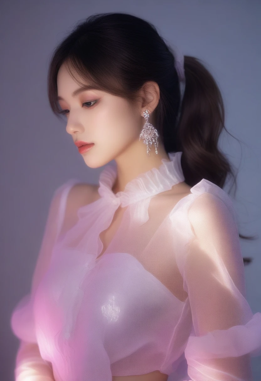 ((jewel_light element)), (Translucent luminous body_wearing a white frilly blouse), (girl made of light: 1.2, Long wavy hairstyle with delicate features and light), (minimalism: 0.5), (Frontal close-up angle above the waist: 1.3), 4K, HDR, acid graphics, fantasy work, [Detailed and vivid faces: 0.33], (White translucent glowing body and hair: 1.3), Silhouette outline and glowing beautiful woman, Understated elegance is revealed.. A calm and dignified atmosphere provides a subtle sense of luxury... gray smooth texture, stylish pose, fluorescent, glowing tattoo, bioluminescent tattoo, glowing pattern.