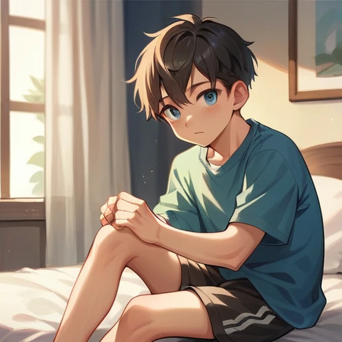 young boy in his 16s was sitting cheerfully. He had short black hair with cute features. His blue eyes were scanning every , bedroom,