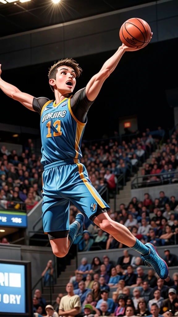 a beautiful female basketball player, performing a dunk shot, extremely detailed face and body, muscular athletic physique, focused expression, mid-air pose, basketball court background, dynamic motion blur, dramatic lighting, vibrant colors, cinematic composition, hyper realistic, award winning photograph quality