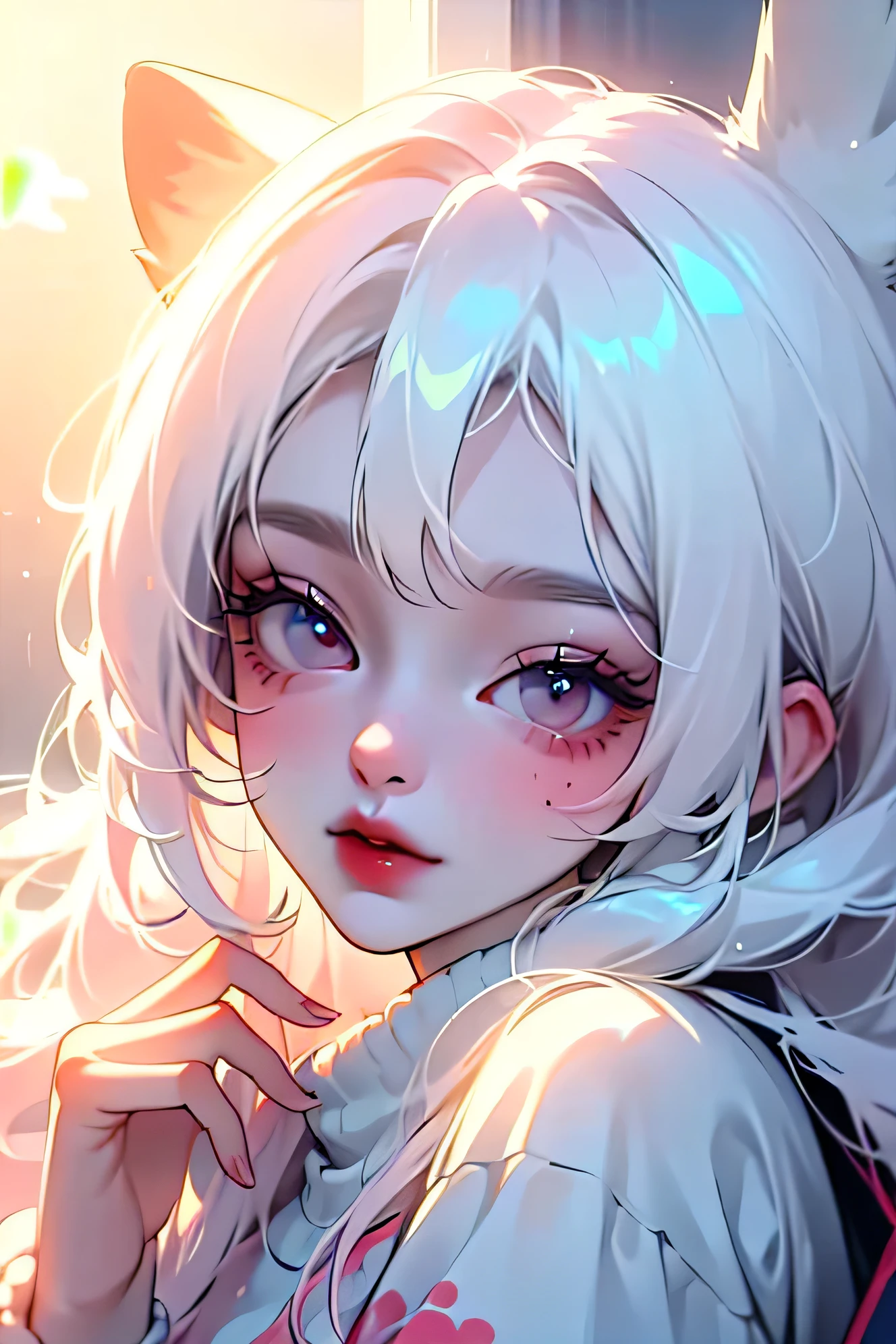 (high quality) (best quality) (a woman) (correct physiognomy) (perfect students) (perfect eyes) anime woman, deep white long and fluffy hair white, Two Ferret ears of color white coming out of his white head adorned with small golden stars As if they were the color of your ears, lips sensitive, red eyes feminine appearance, soft facial features, thin eyebrows, soft skin, rosy cheeks, pink lips, silky eyelashes, dreamy expression, middle age, youthful clothing, print sweatshirt, photo illuminated by sunlight, Woman sitting on Snow.