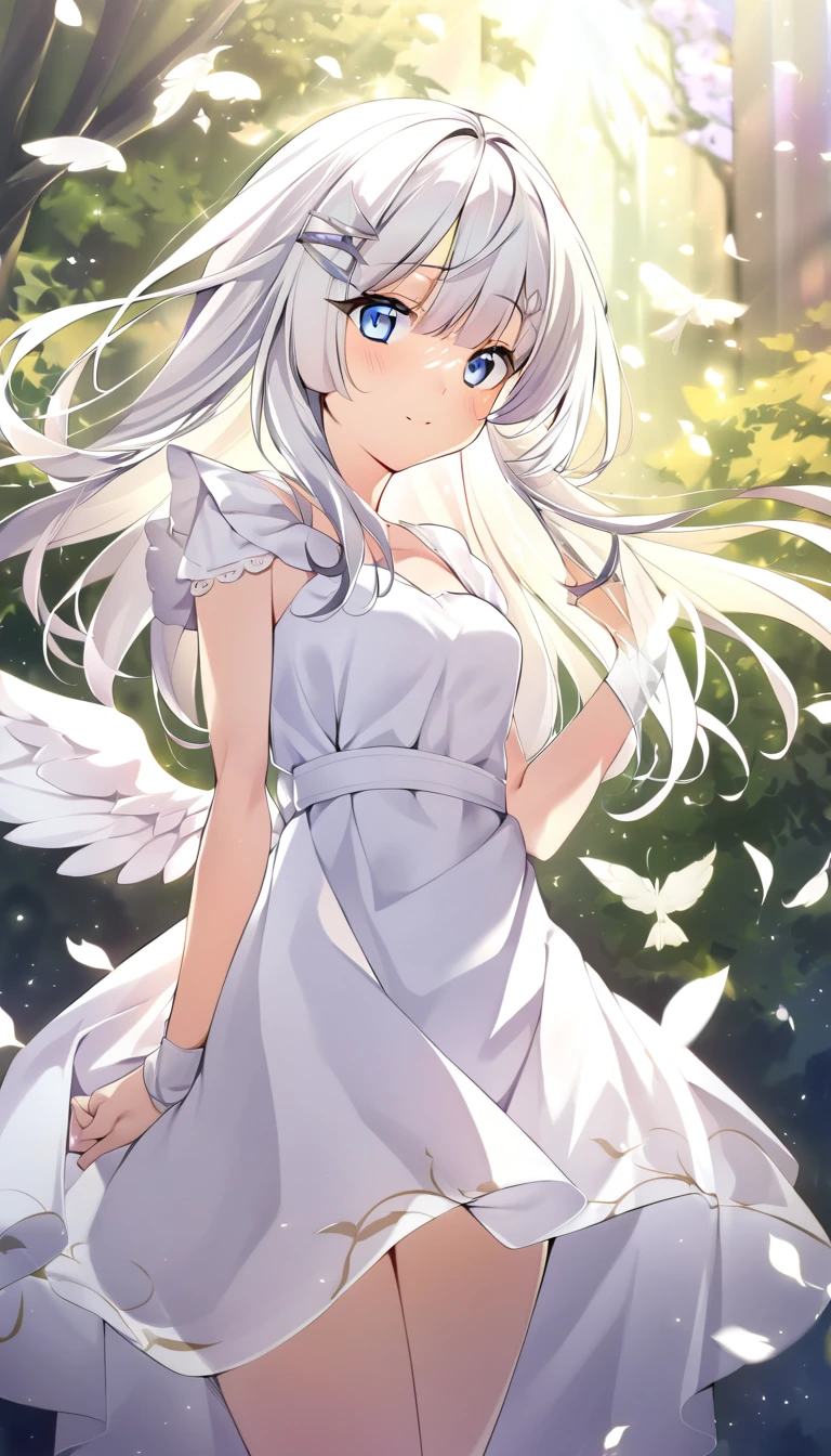 one girl, angel, sacred, white hair, cute, angel wing, light blue eyes, white dress, beautiful, cheerful