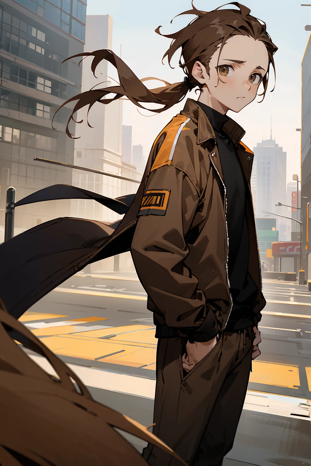 1male, light brown hair, messy short ponytail, hazel eyes, expressionless, forehead, middleparted hair, open brown jacket, black compressed undershirt, lean, black joggers, city background, standing on path, hands to side