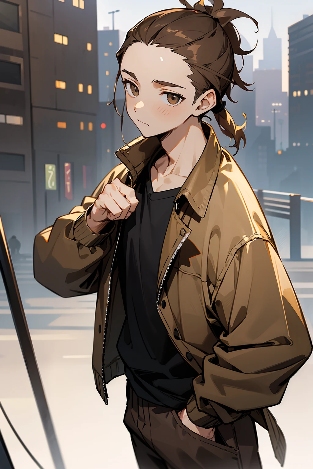 1male, light brown hair, messy short ponytail, hazel eyes, expressionless, forehead, middleparted hair, open brown jacket, black compressed undershirt, lean, black joggers, city background, standing on path, hands to side