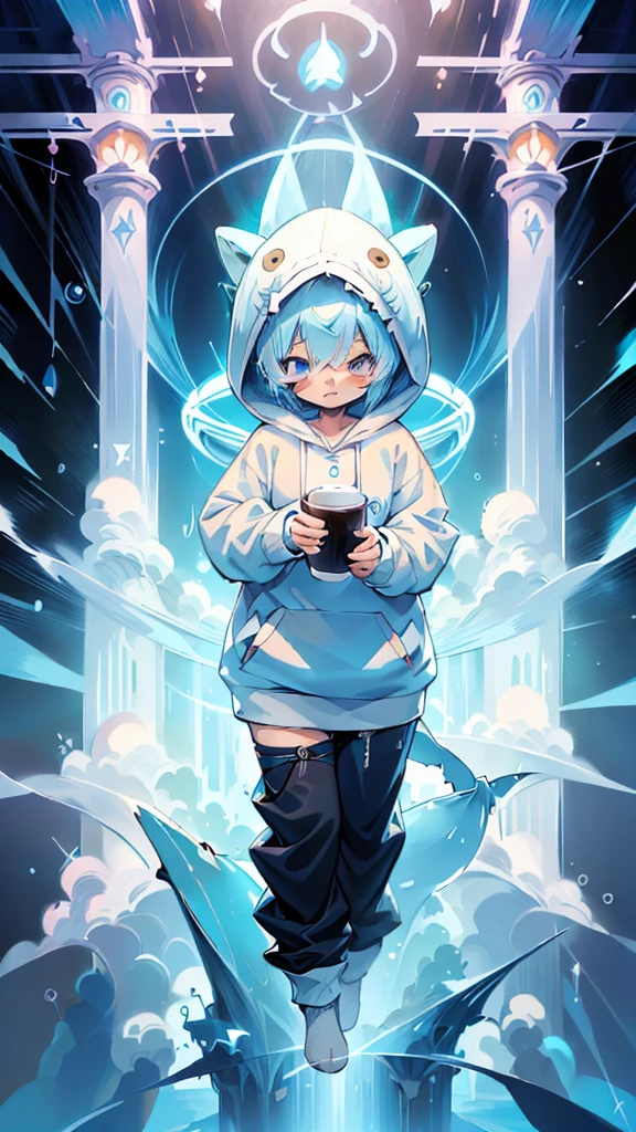 shark hooded anime character holding a cup of coffee, cute anime, kawaii rainy gloomy, 2d anime style, maple story character art, Boy Anime, cute character, kawaii chibi, blue color, chibi anime, Cute anime style, game art!!, wearing a blue sweatshirt, cute art, cute art style, blue theme, high quality fanart