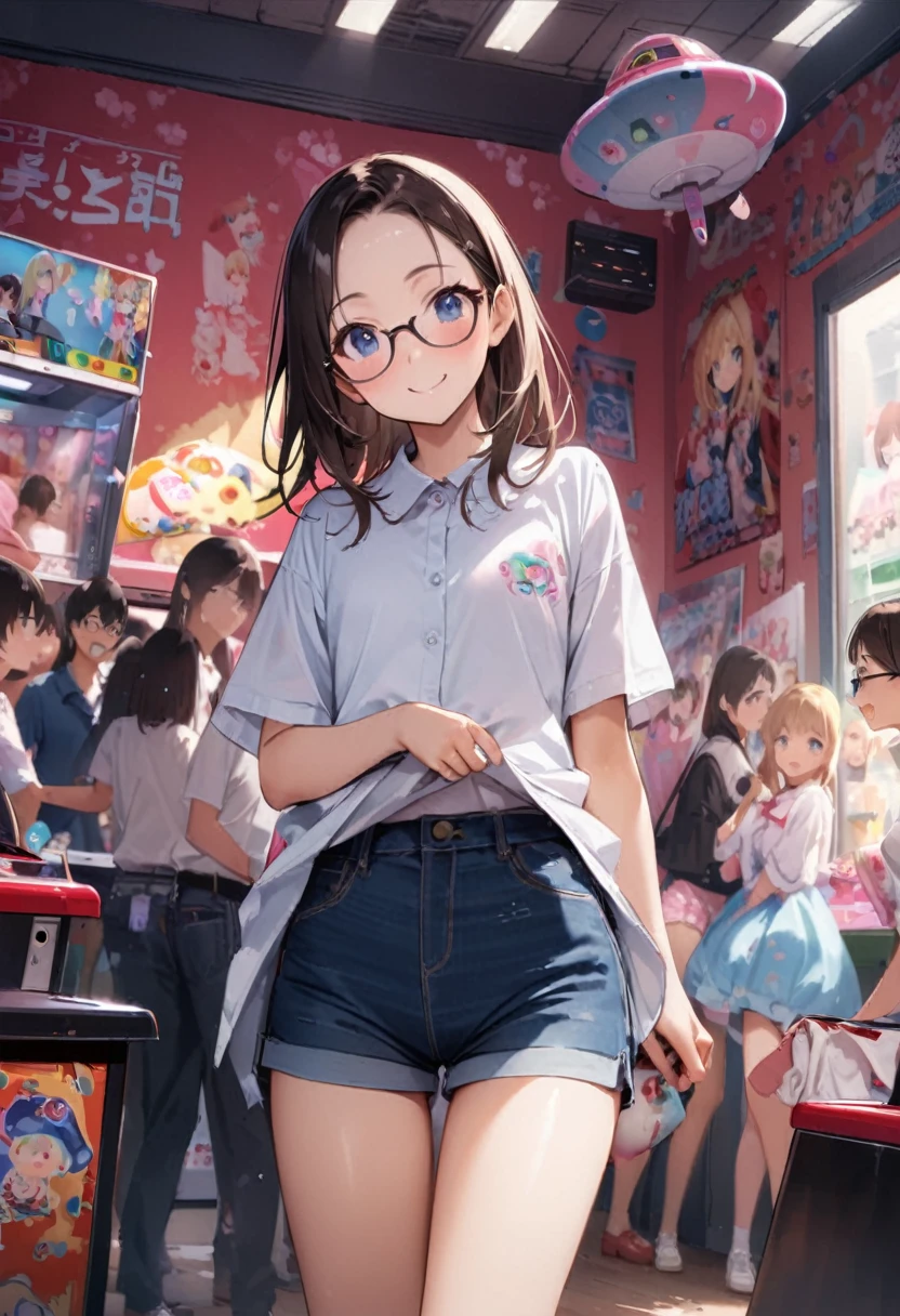 Shorts、Panties、Panty shot、arcade、game machine、Game bench、UFO Catcher、Purikura、Date、forehead、Girl、Girl、Short、Younger、Lower school year、Baby Face、flat chest、smile、Dynamic Angle、masterpiece、best quality、ultra-detail、There are customers around、I'm making a mess、Clothing、Fashionable glasses