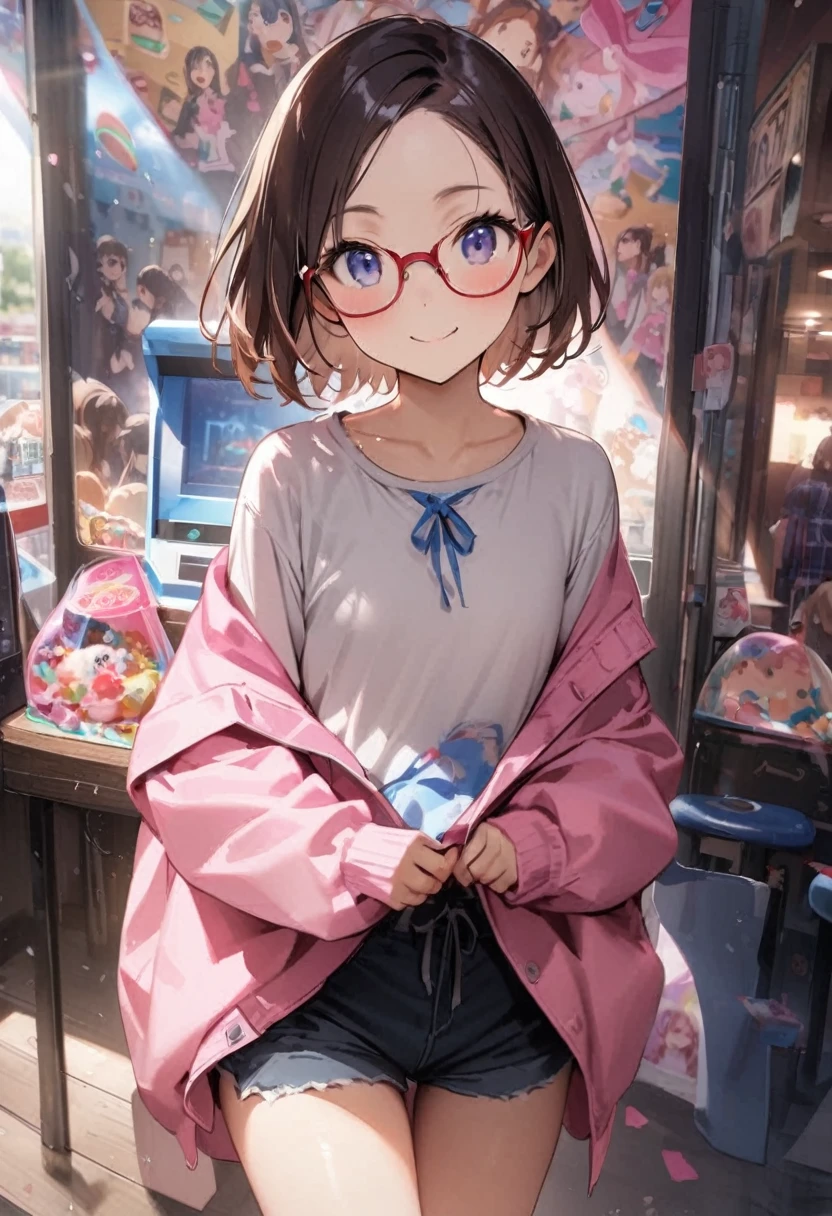 Shorts、Panties、Panty shot、arcade、game machine、Game bench、UFO Catcher、Purikura、Date、forehead、Girl、Girl、Short、Younger、Lower school year、Baby Face、flat chest、smile、Dynamic Angle、masterpiece、best quality、ultra-detail、There are customers around、I'm making a mess、Clothing、Fashionable glasses