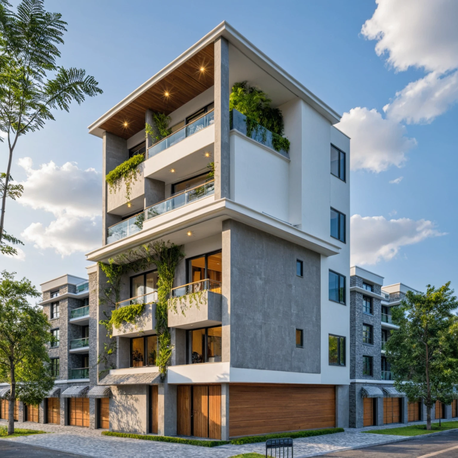 Masterpiece, high quality, best quality, authentic, super detail, outdoors, onestoreyvillaXL, aiaigroup, house style modern on the street ,stairs, white wall ,road,pavement, grass, trees, sky, cloud, (daylight:1.1)