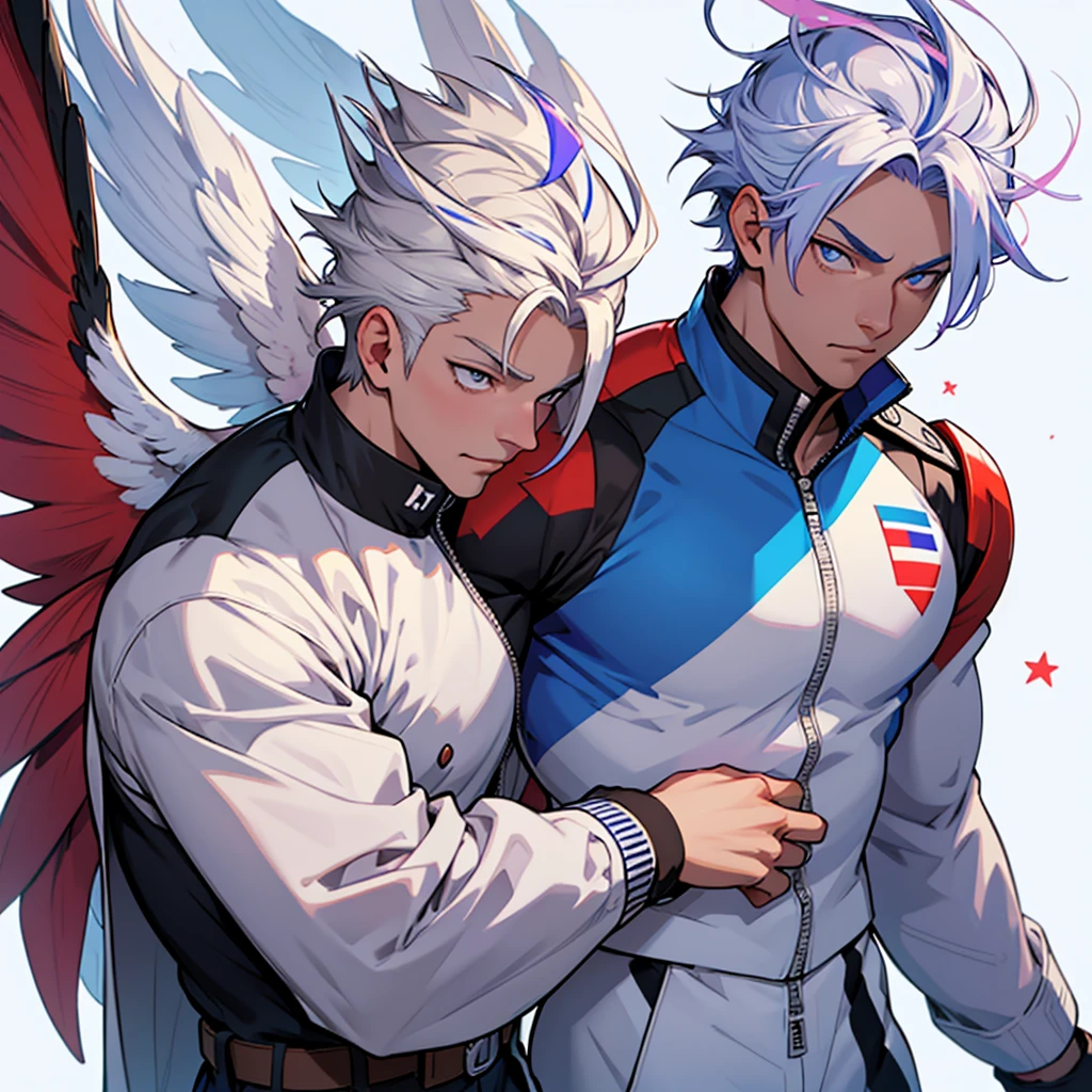 Adult sensei with striking appearance. Bright white hair with a blue streak running through it. warm tone skin. Almond-shaped eyes with a fascinating lilac shade adorned with a star-shaped pupil. On his back there are two enormous brown wings and a condor perches on his shoulder.. Dress up a hero suit with the Chilean flag. anime style Boku no Hero academia