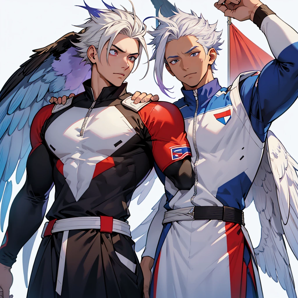 Adult sensei with striking appearance. Bright white hair with a blue streak running through it. warm tone skin. Almond-shaped eyes with a fascinating lilac shade adorned with a star-shaped pupil. On his back there are two enormous brown wings and a condor perches on his shoulder.. Dress up a hero suit with the Chilean flag. anime style Boku no Hero academia 