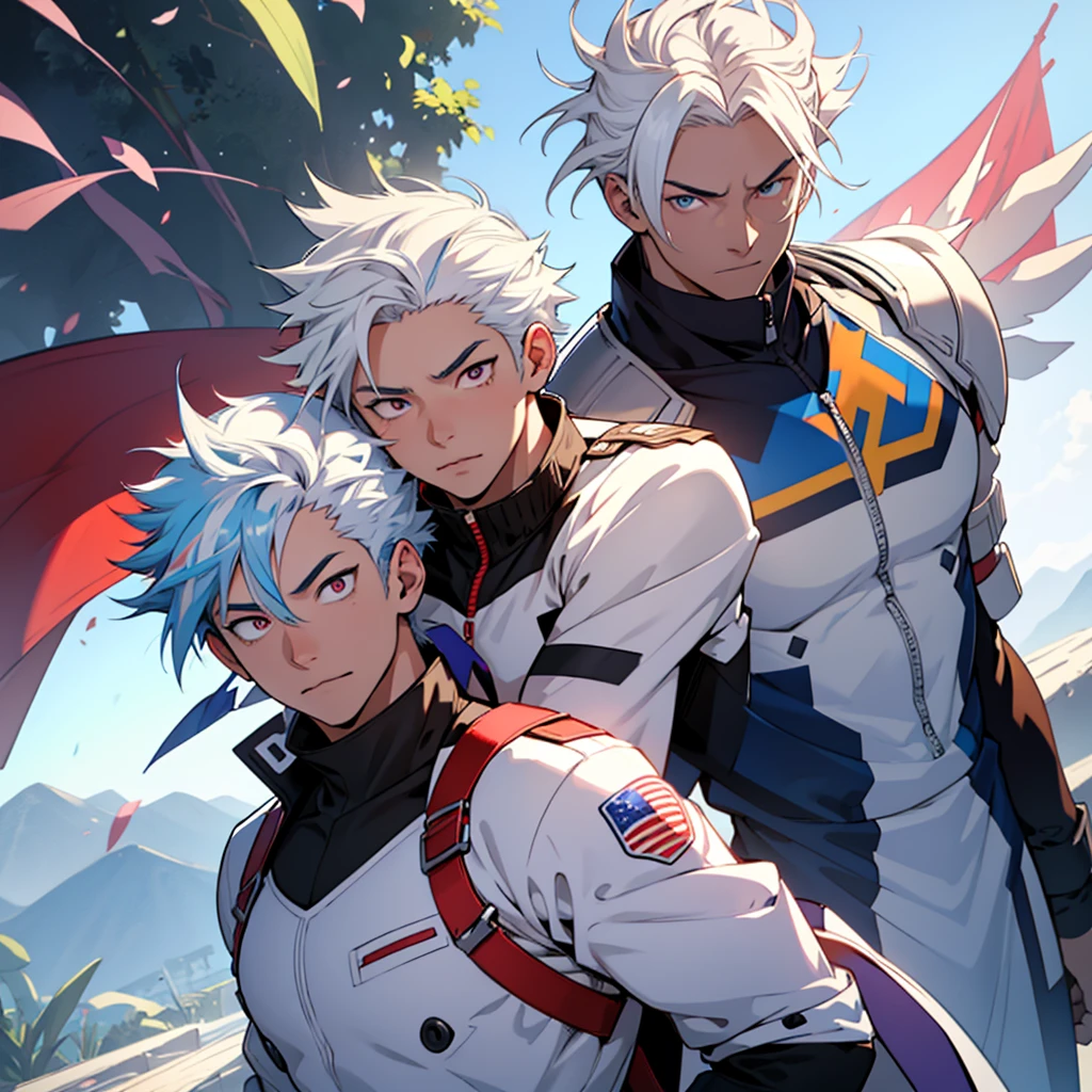 Adult sensei with striking appearance. Bright white hair with a blue streak running through it. warm tone skin. Almond-shaped eyes with a fascinating lilac shade adorned with a star-shaped pupil. On his back there are two enormous brown wings and a condor perches on his shoulder.. Dress up a hero suit with the Chilean flag. anime style Boku no Hero academia