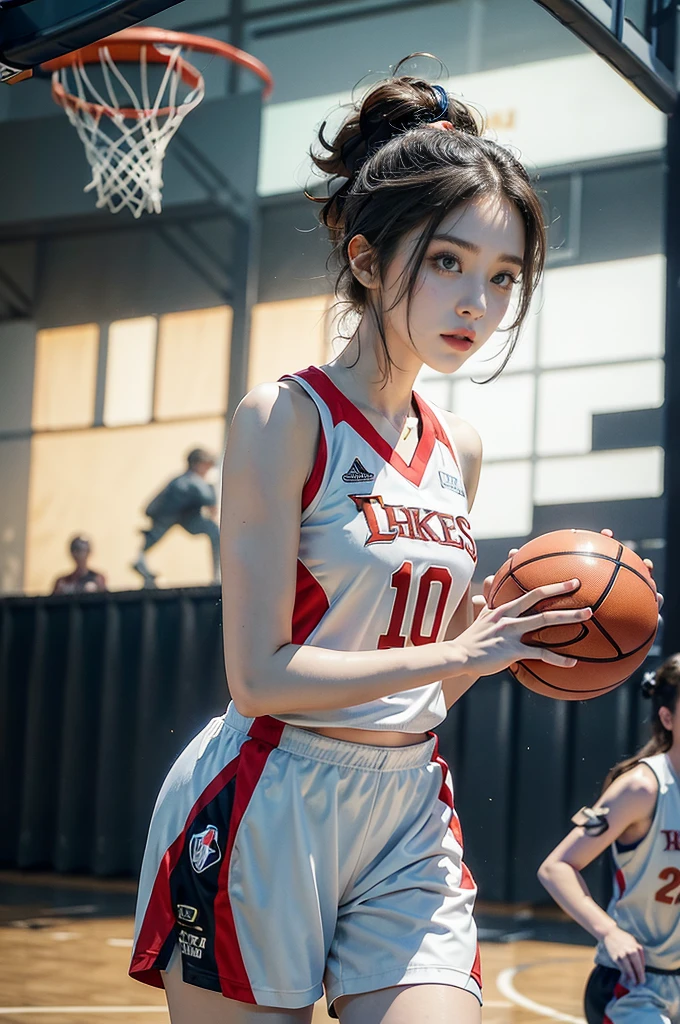 (((best quality))), (((ultra detailed))), (((masterpiece))), illustration, ((1girl,female basketball player,solo)),(slam dunk:1.3), intensity, determined expression, flushed face, perspiration, almond-shaped eyes, mesh jersey, team name and number, form-fitting shorts, athletic build, high-top basketball shoes, indoor basketball gym, well-lit, wooden floor, scoreboard, spectators, stands, action, impact, ball through the hoop, victory, achievement, dedication, skill,(basketball:1.3)