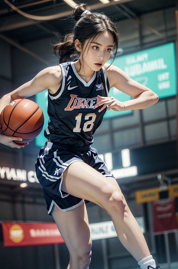 (((best quality))), (((ultra detailed))), (((masterpiece))), illustration, ((1girl,female basketball player,solo)),(slam dunk:1.3), intensity, determined expression, flushed face, perspiration, almond-shaped eyes, mesh jersey, team name and number, form-fitting shorts, athletic build, high-top basketball shoes, indoor basketball gym, well-lit, wooden floor, scoreboard, spectators, stands, action, impact, ball through the hoop, victory, achievement, dedication, skill,(basketball:1.3)