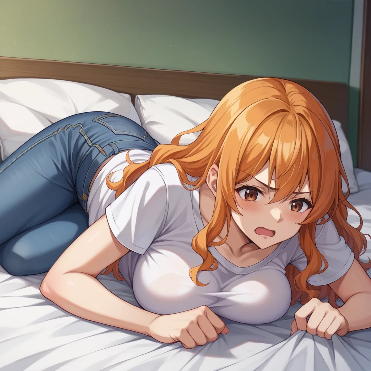 score_9, score_8_superior, score_7_superior, score_6_superior, score_5_superior, score_4_superior, Break Source_anime, Orange Hair, Long Hair, Wavy Hair, Side Lock, Brown eyes, Large Breasts, White T-shirt,Short sleeve,jeans,denim,nude、tits、rape、Cloudy face、bed、vexation、resistance、Dynamic Angle