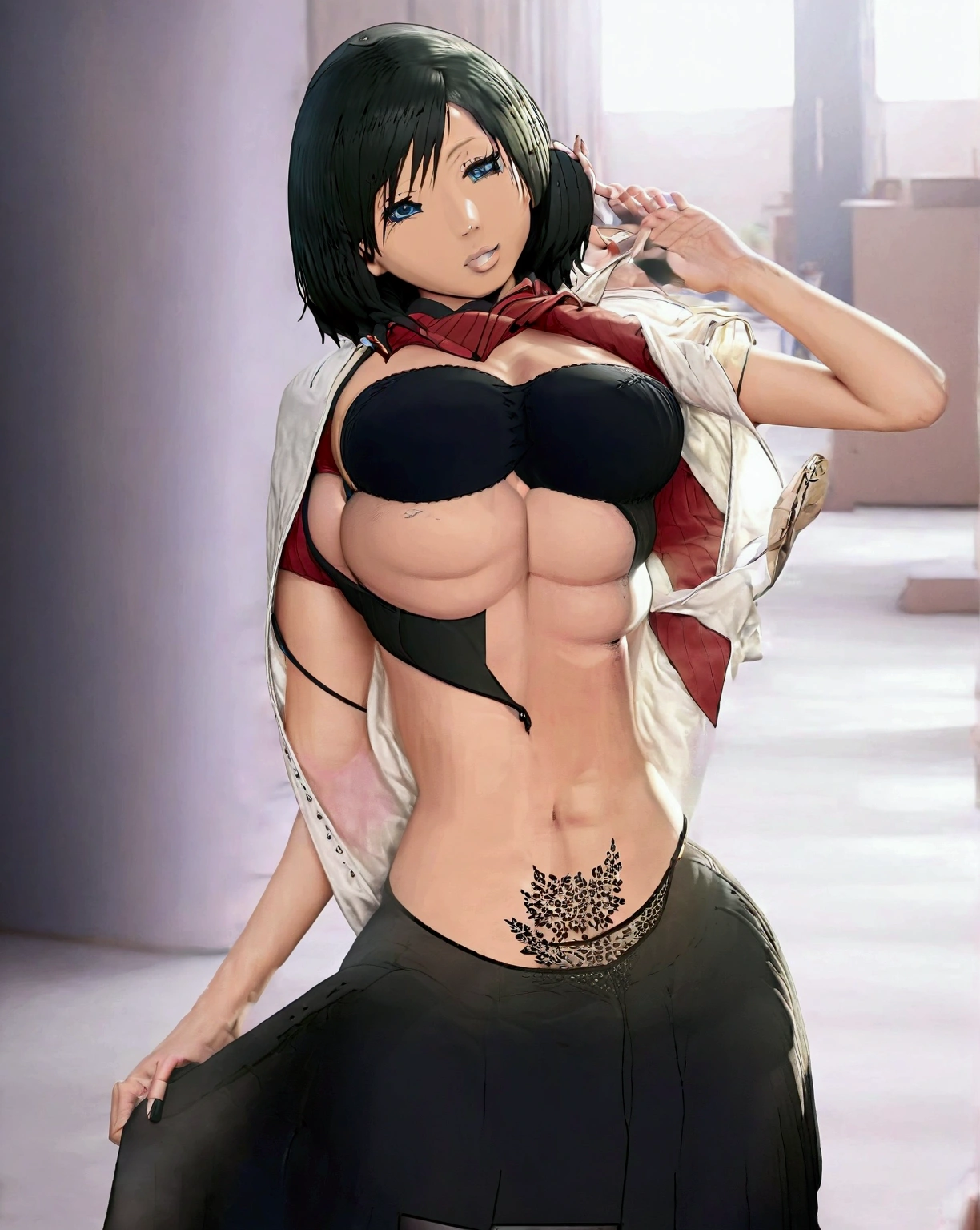 A woman, beautiful detailed eyes, beautiful detailed lips, extremely detailed eyes and face, long eyelashes, scout regiment uniform, tight grey and black hemmed skirt, stretched out top and pants, photorealistic, cinematic lighting, dramatic shadows, detailed fabric textures, high quality, 8k, realistic, masterpiece