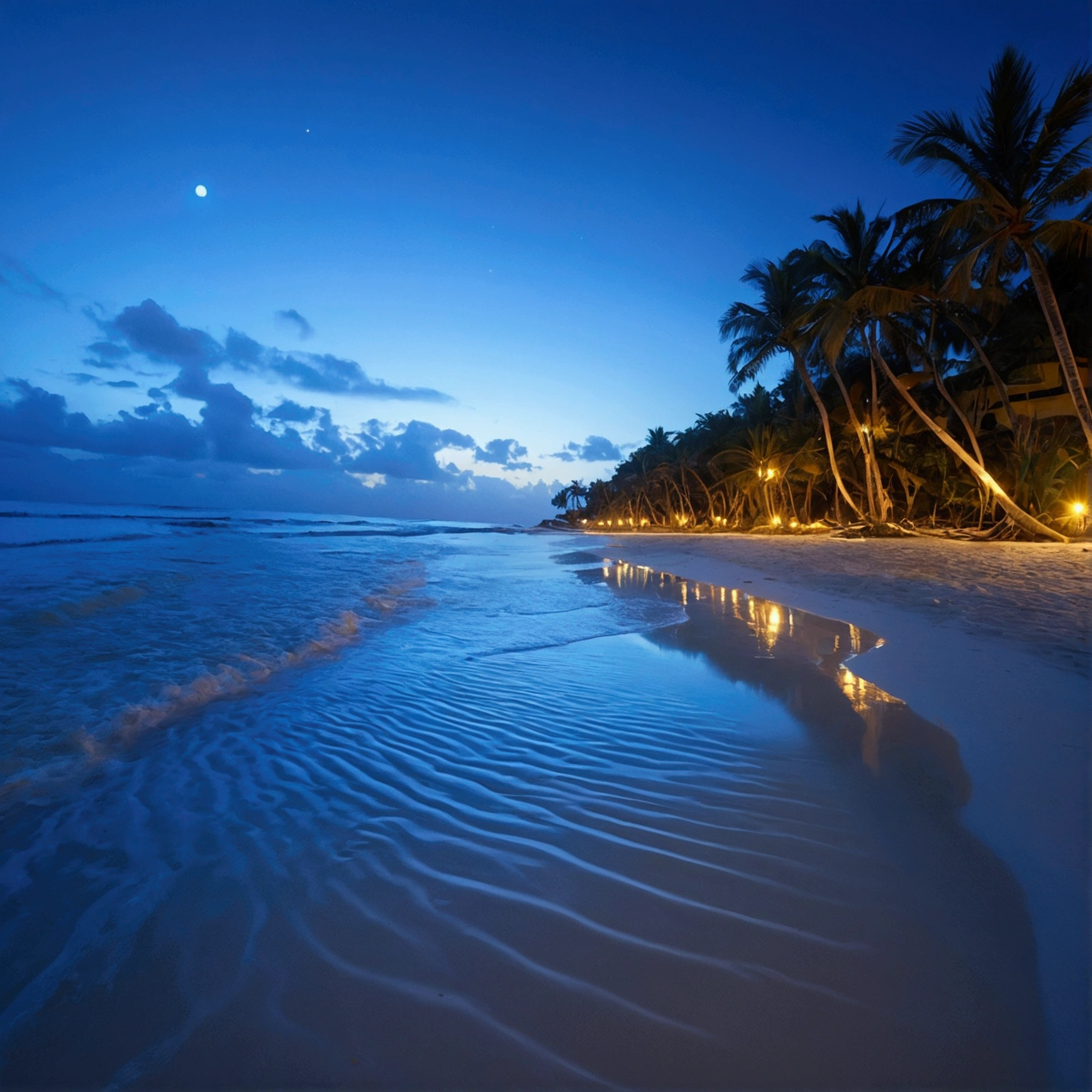 Deserted beach with blue lights, Dynamic energy flow style、Realistic Anamorphic Art, I can't believe how beautiful it is, Precise lines, Sparkling, Afro-Caribbean Influences - AR 9:16
