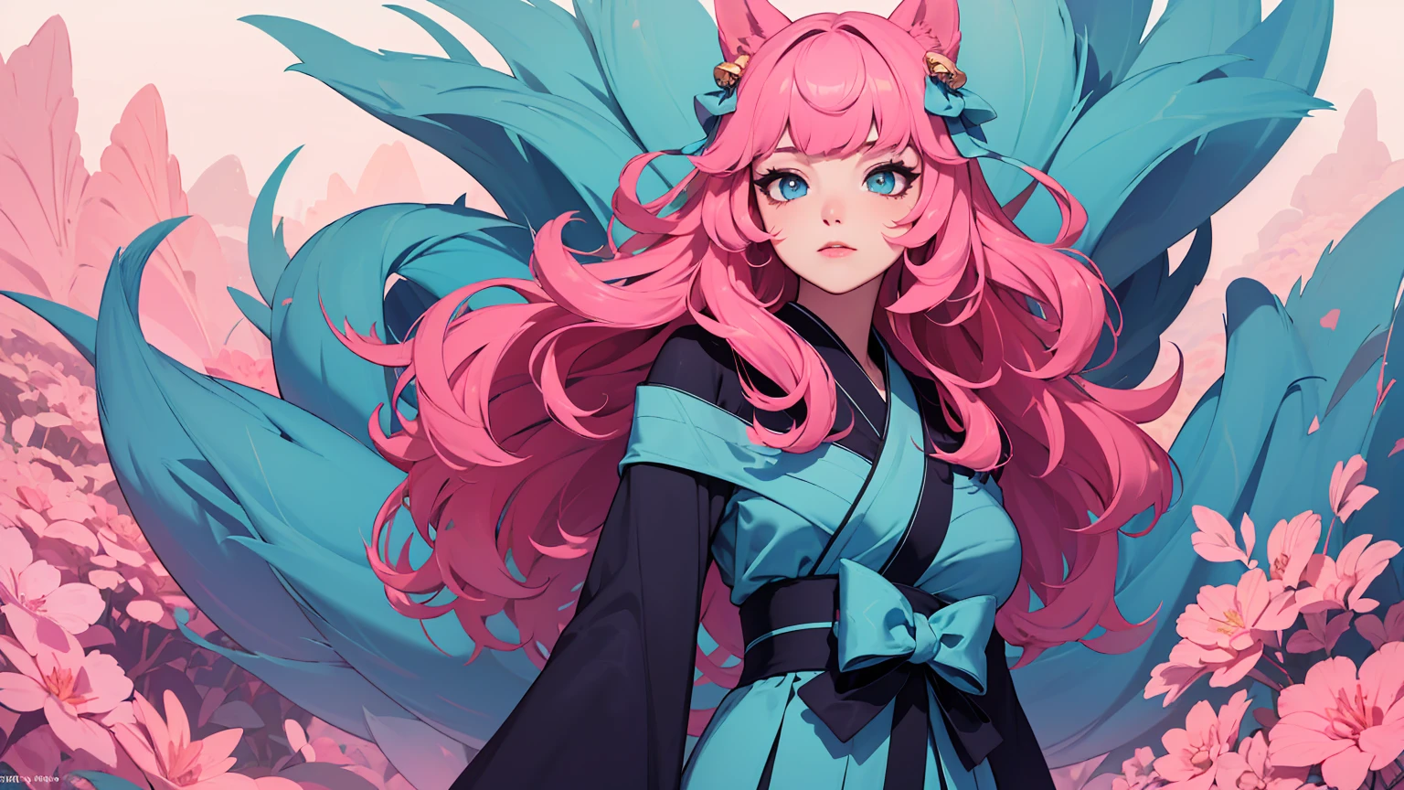 (masterpiece, best quality), beautiful woman, soft light, hakama, short skirt, (cleveage), wavy hair, asymmetrical bangs, perfect face, beautiful face, alluring, big gorgeous eyes, soft smile, perfect slim fit body, outdoors, standing, abstract background, bright colors, (risograph), medium breasts, solo, sexy