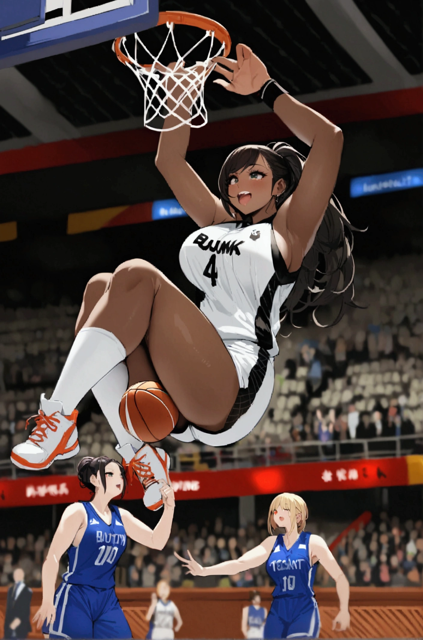 the moment of Game-Winning Dunk by beautiful busty female basketball player, full body shot, huge breasts