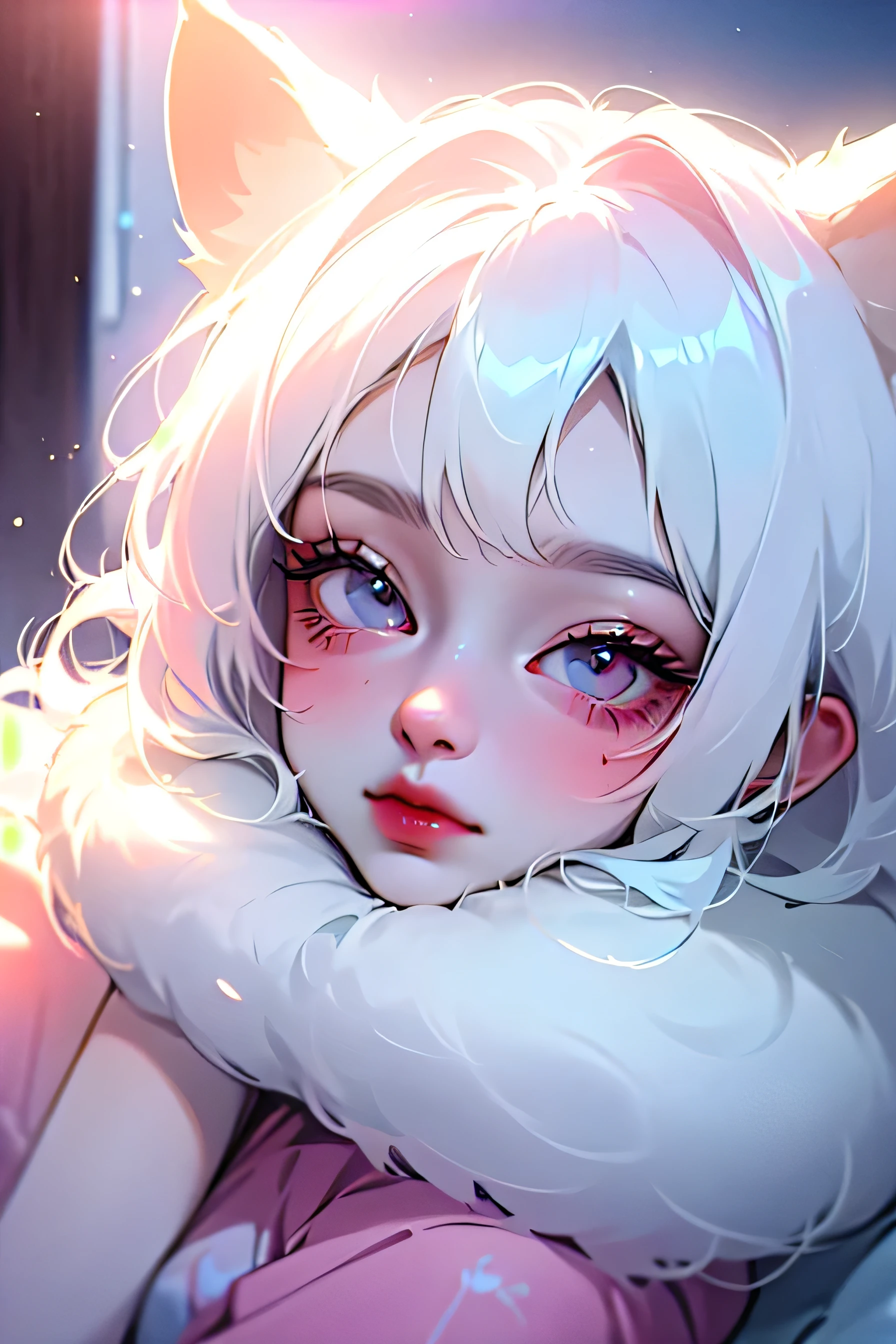 (high quality) (best quality) (a woman) (correct physiognomy) (perfect students) (perfect eyes) anime woman, deep white long and fluffy hair white, Two Ferret ears of color white coming out of his white head adorned with small golden stars As if they were the color of your ears, lips sensitive, red eyes feminine appearance, soft facial features, thin eyebrows, soft skin, rosy cheeks, pink lips, silky eyelashes, dreamy expression, middle age, youthful clothing, print sweatshirt, photo illuminated by sunlight, Woman sitting on Snow.