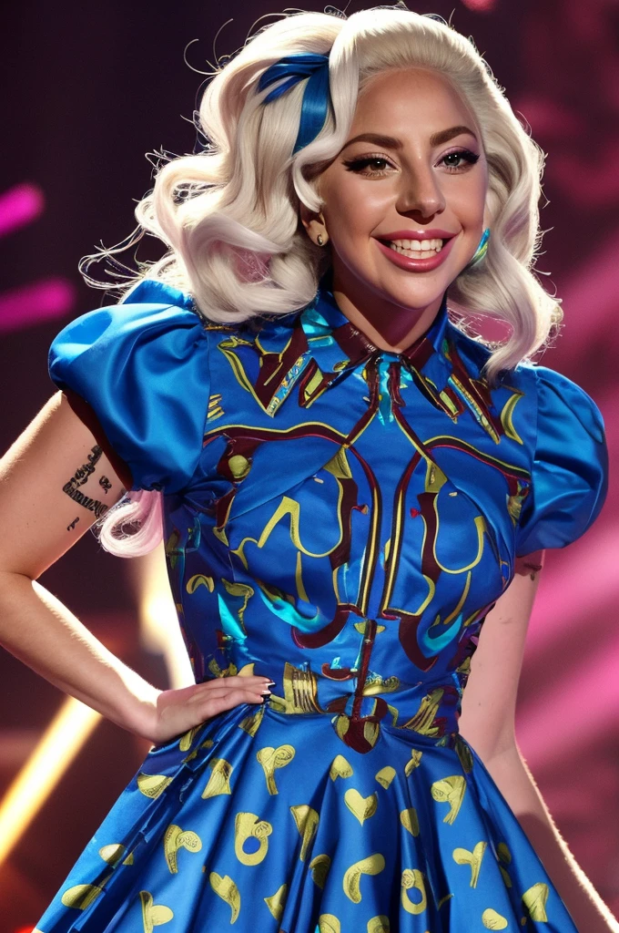 lady gaga smiling, wearing CadetBlue patterned dress, stage, smiling, lights