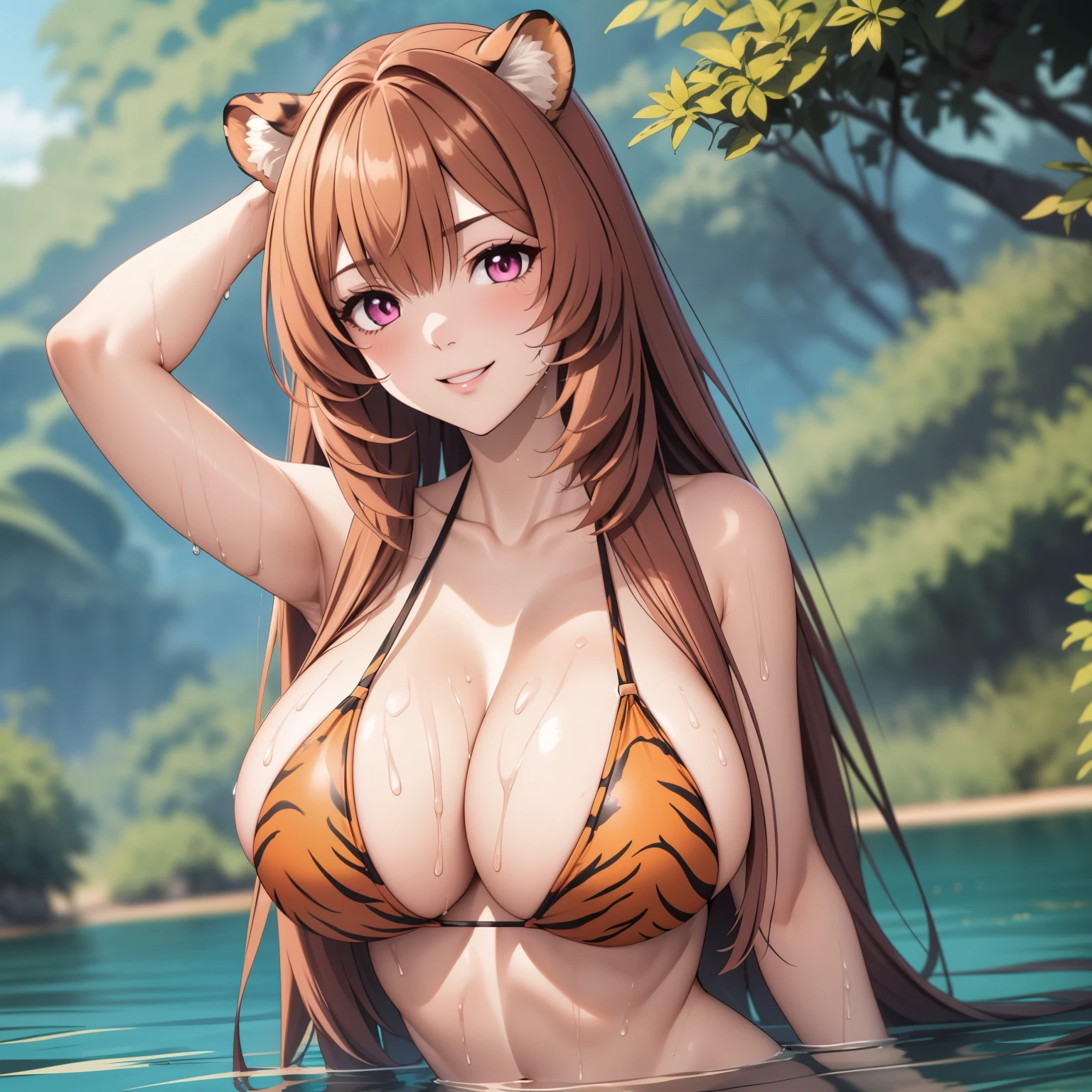 Raphtalia woman 24 years old, orange tiger hair , tiger ears,  sexy tiger bikini, background a lake in the middle of a jungle, bright magenta eyes, flirtatious smile. WET BODY, big breasts, . drops of water on his chest. hands behind head.