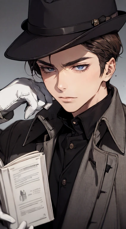 work of art, best qualityer, realisitic, 1 men, mature man, quiet and charming young man, 25 years old, close her eyes, serious look, extreme detailed face, ((dark gray eyes)), ((short dark brown hair combed to the right)), [Thick eyebrows], Detective, ((Dressed in a classic overcoat and fedora hat with gloves)), cinematic lighting, looking at the audience, Postural dynamics, era vitoriano, leitura