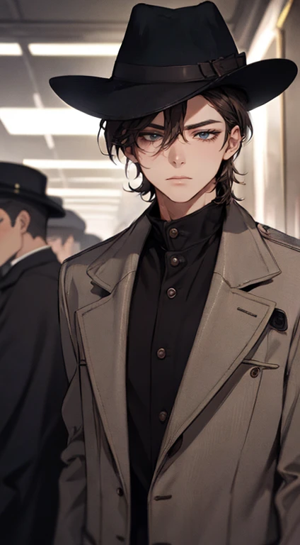 work of art, best qualityer, realisitic, 1 men, mature man, quiet and charming young man, 25 years old, close her eyes, serious look, extreme detailed face, ((dark gray eyes)), ((short dark brown hair combed to the right)), [Thick eyebrows], Detective, ((Dressed in a classic overcoat and fedora hat with gloves)), cinematic lighting, looking at the audience, Postural dynamics, era vitoriano, leitura