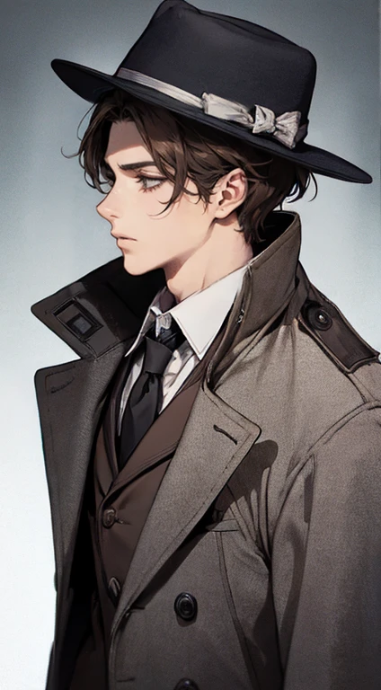 work of art, best qualityer, realisitic, 1 men, mature man, quiet and charming young man, 25 years old, close her eyes, serious look, extreme detailed face, ((dark gray eyes)), ((short dark brown hair combed to the right)), [Thick eyebrows], Detective, ((Dressed in a classic overcoat and fedora hat with gloves)), cinematic lighting, looking at the audience, Postural dynamics, era vitoriano, leitura