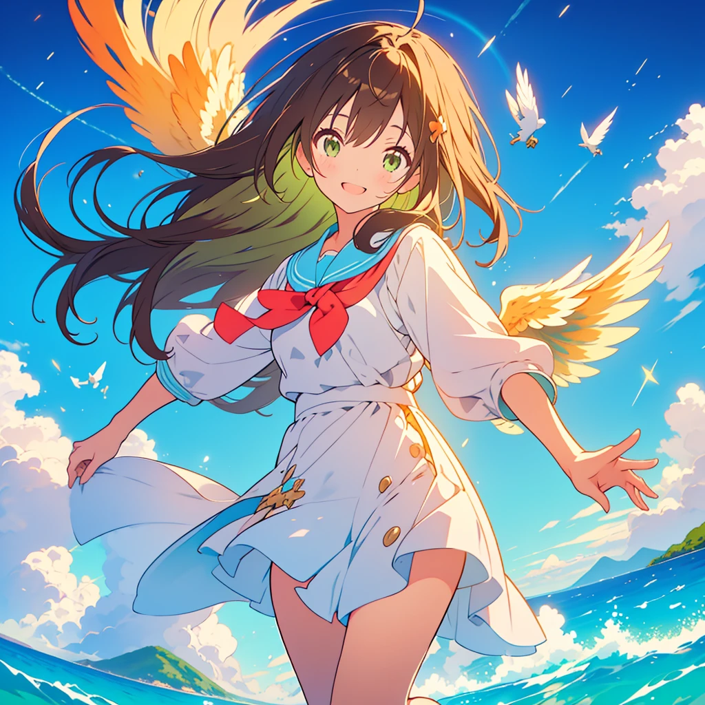 kawaii, anime, Cute, hyper quality, highly detailed, 8k, Front facing, Clarity, brown long hair, green eyes, smile, whole body, heaven, Rainbow colored wings on the back, particles of light, sky background, flapping its wings, Pose with movement, Fantastic, heaven, fantasy, water, Clearly depict facial expressions, fly into the sky, Richly colored, above the sky, Heaven, above the clouds, Composition overlooking the ground, look up at the sky, island country, sparkling sea, sparkling light, dancing in the air, fly off the ground, far away from the ground, jump, The other girl has golden eyes, highlight on eyes, 