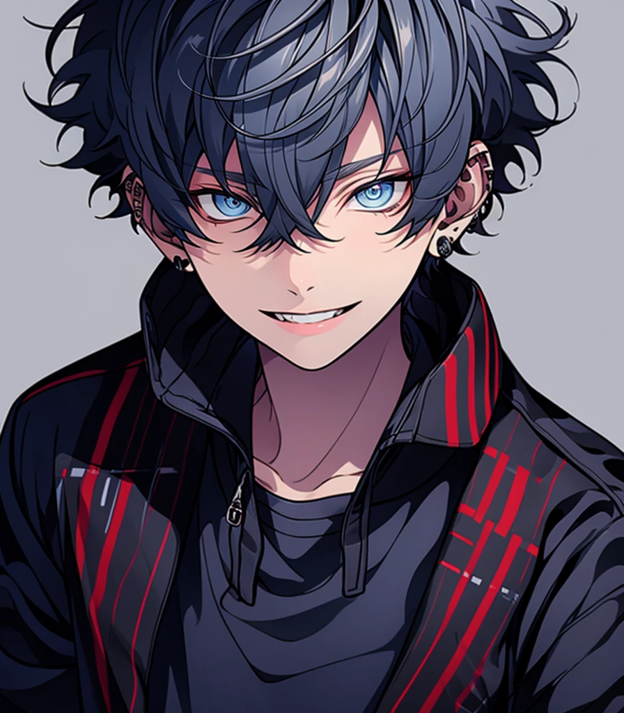 ((Highest quality)), ((masterpiece)), ((detailed)), １people,Beautiful youth, Blue Hair, short hair, blue eyes, Cool eyes, Long-term , Biceps,Black clothes,smile,Upper Body,No text