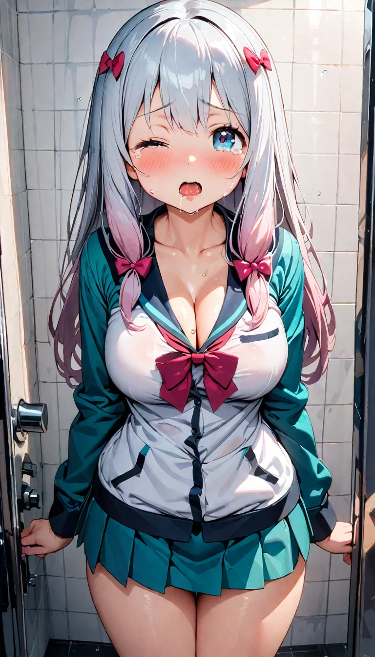 1girl, Izumi Sagiri, eromanga sensei, 
blue eyes,
(curvy),slender,large breasts, perfect shiny skin,
(school uniform, micro mini skirt, T-back panties), (cleavage),(Waistline),
Embarrassing, blush, Lovely, (Close one eye,Tears in the eyes), Open your mouth, What saliva leaves behind,
Shower room,
front face, front view, Cowboy shot highest quality, Super detailed, masterpiece, Ultra-high resolution, 8K