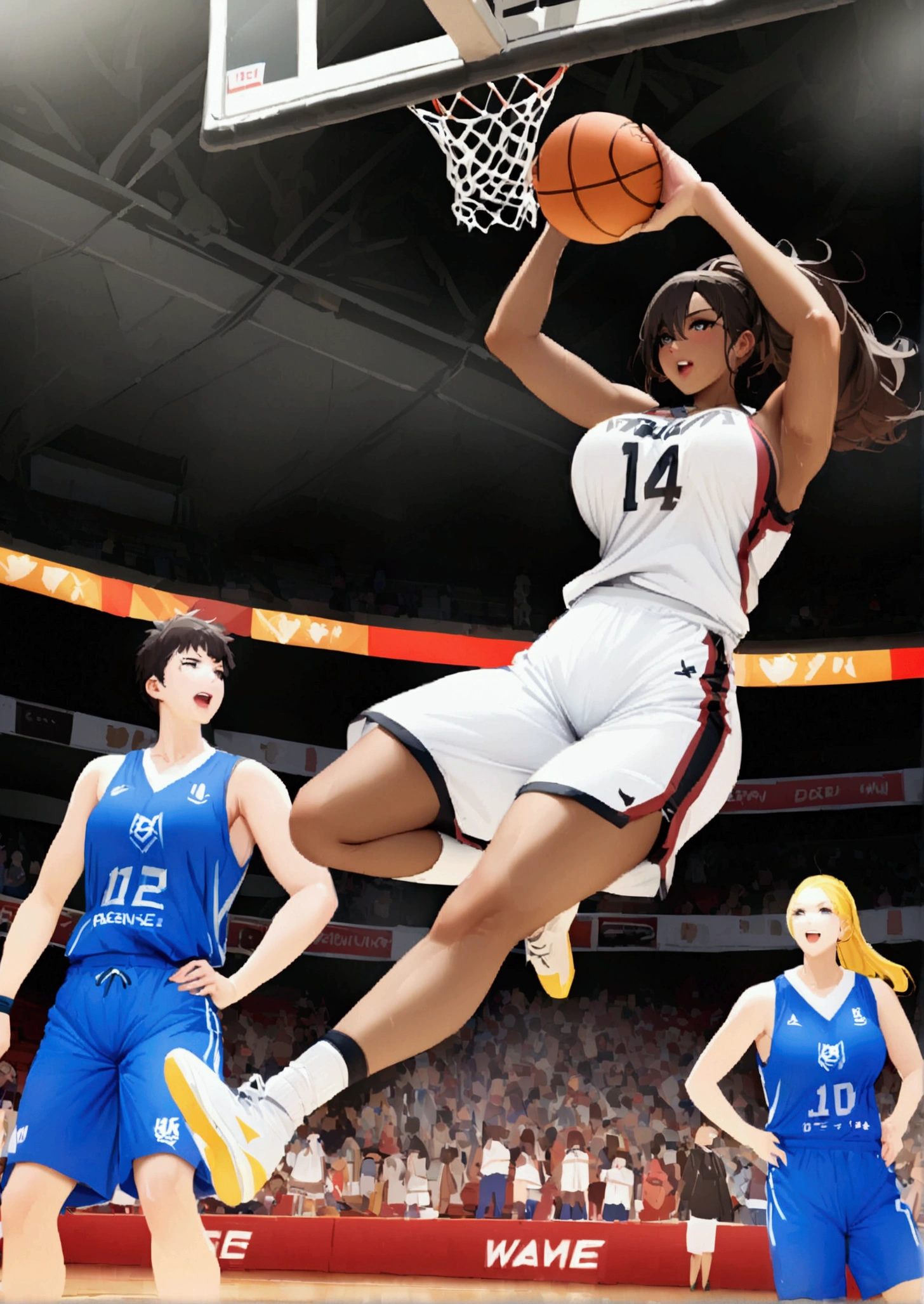 the moment of Game-Winning Dunk by beautiful busty female basketball player, full body shot, huge breasts