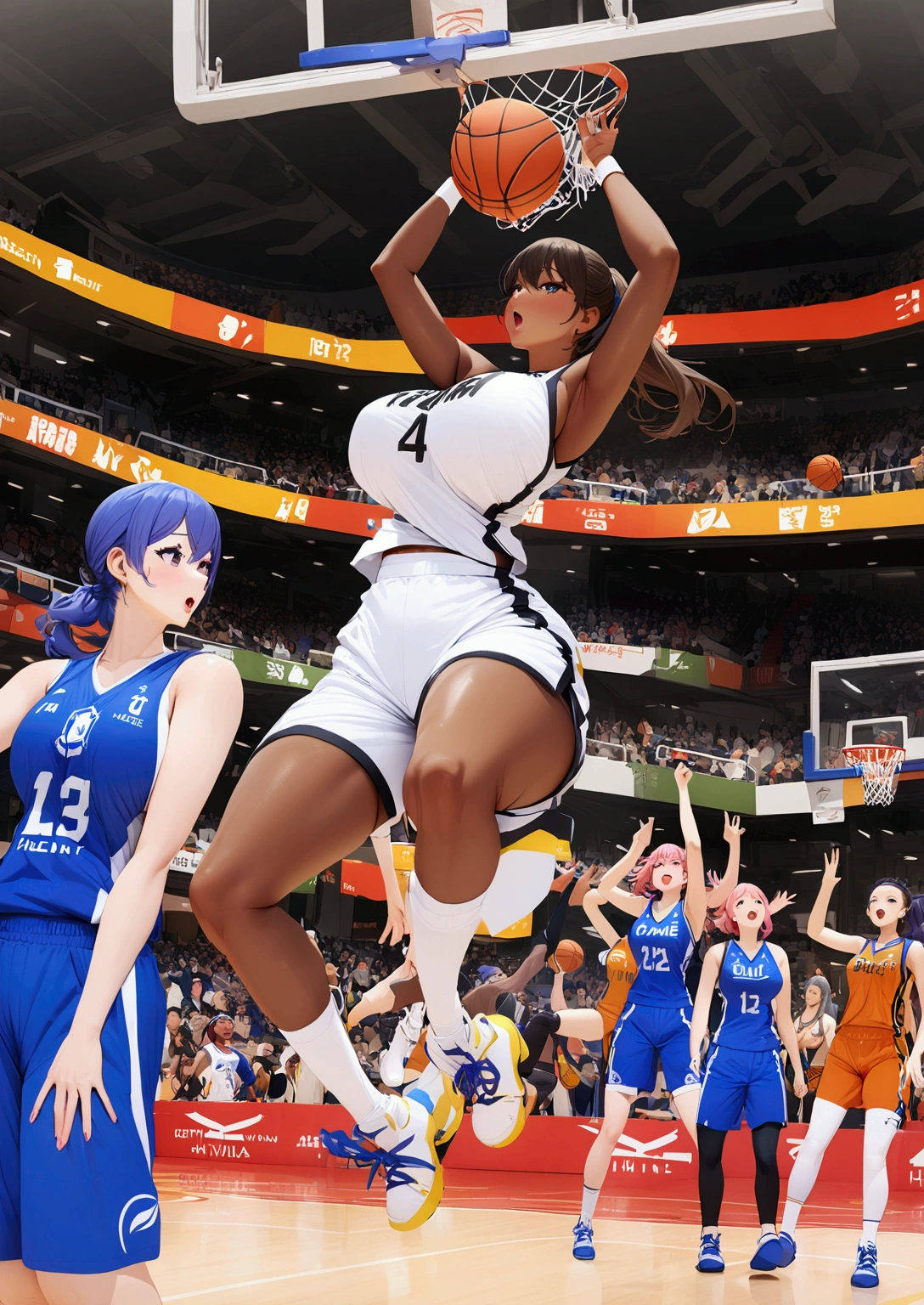 the moment of Game-Winning Dunk by beautiful busty female basketball player, full body shot, huge breasts