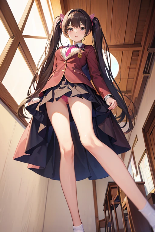Highest quality、masterpiece、high resolution、8K、(((Spread your legs)))、Uniform Blazer、Beautiful beauty、Long brown hair、((whole body))、(((Photo taken from below)))、School、classroom、mini skirt、 are pink lace、Japanese、tall、Model-like body、slender、Long limbs、Her hairstyle is twin tails.、tall
