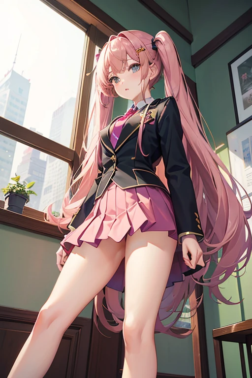 Highest quality、masterpiece、high resolution、8K、(((Spread your legs)))、Uniform Blazer、Beautiful beauty、Long brown hair、((whole body))、(((Photo taken from below)))、School、classroom、mini skirt、Panties are pink lace、Japanese、tall、Model-like body、slender、Long limbs、Her hairstyle is twin tails.、tall