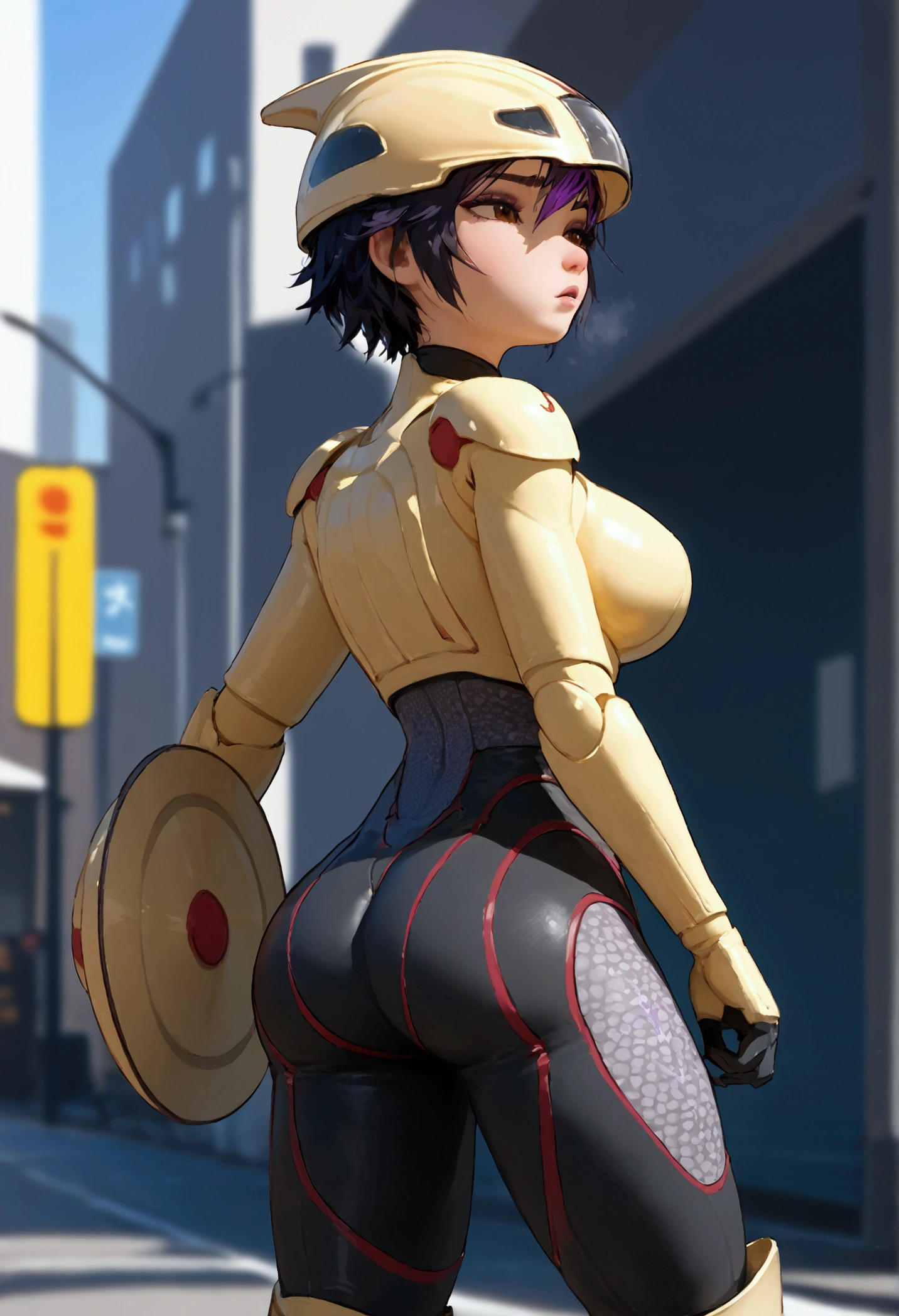 score_9, score_8_up, score_7_up, score_9, BREAK, 1girl,big breasts, score_9, score_8_up, score_7_up, BREAK, gogotomago, 1girl, solo, short hair, simple background, black hair, brown eyes, purple hair, boots, yellow bodysuit, helmet, cowboy shot, street background, wide hips, medium breasts, detailed, black bodysuit, from behind, ass,