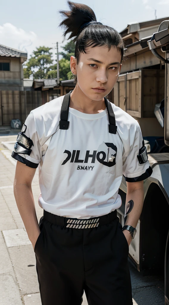 Masterpiece, 1boy, Superb Style, Streetwear chothes, Outdoor, Upper Body, Shikamaru nara, bright eyes, black hair, cool boy