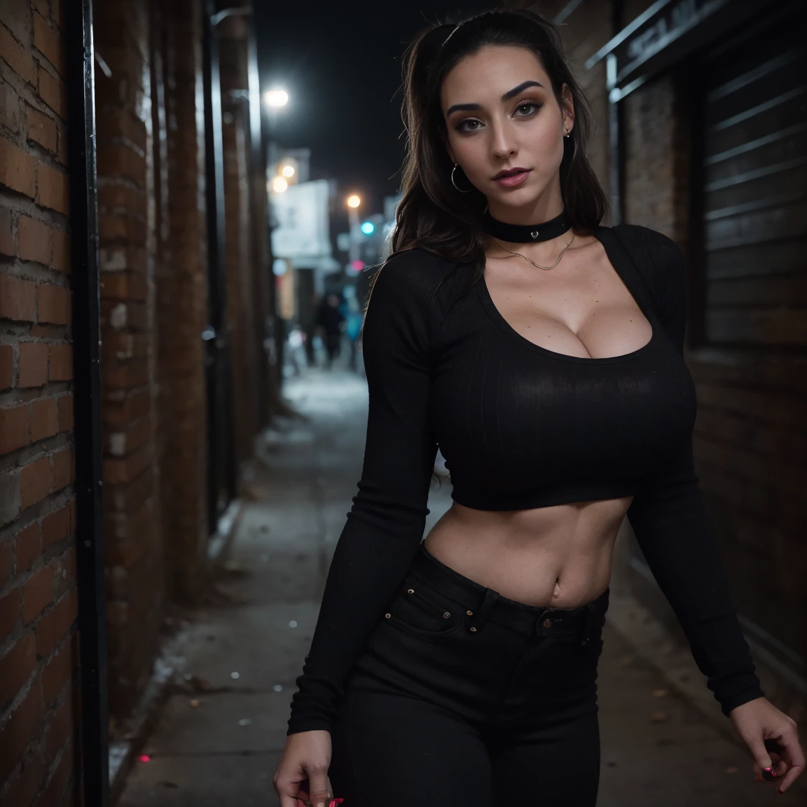 Extremely busty thin and toned brunette photographer, college girl, mean bitch, fair skin, loose ponytail, soft face, athletic, choker, dark makeup, goth, studs, piercings, tight red long-sleeve crop top, black bra straps, black skinny jeans. standing in a dirty alleyway, club, neon, nighttime, darkness, cleavage 