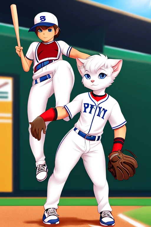 a white kitten, dressed as a baseball player
