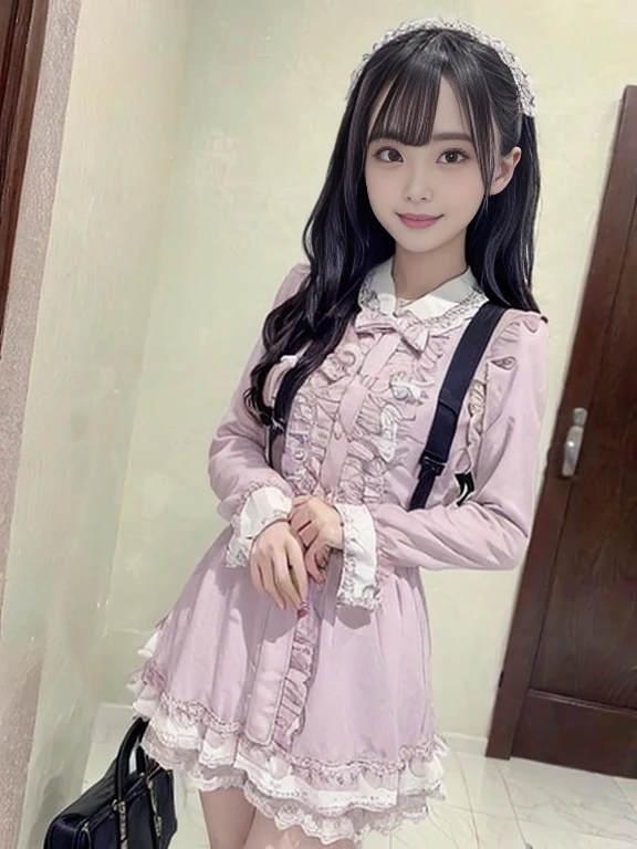 best quality, masterpiece, photo of over the knees, ank, A Japanese pretty girl, 20 yo, eye contact, smile, teeth, standing pose, horizontal view, low angle, 