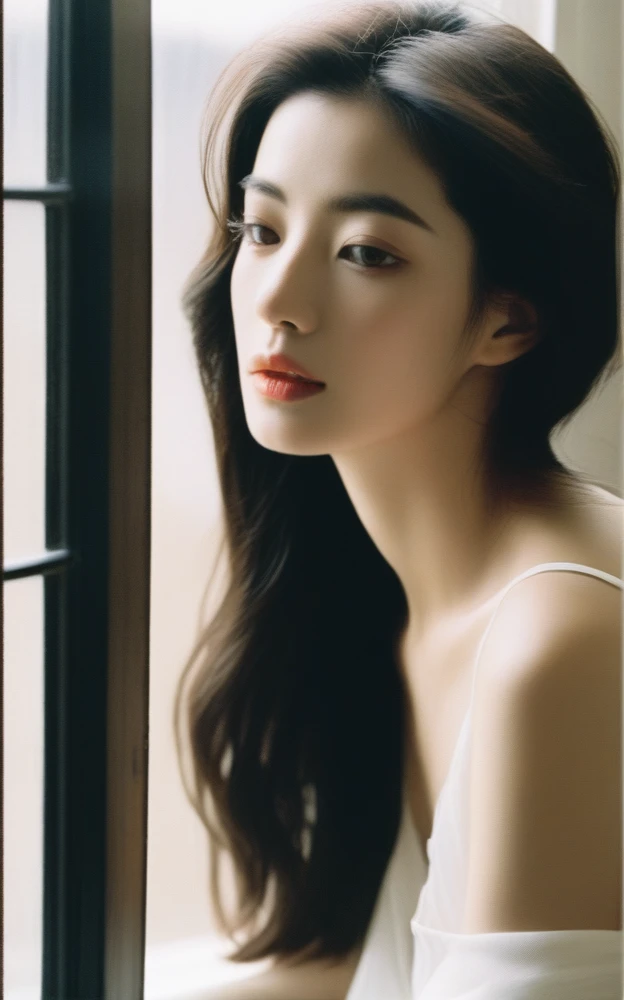 Close-up candid portrait photo of artistic young Korean woman, Retro-future, Movie stills, ((alone)), (Looks like Anne Hathaway: 0.9), Sit by the window, The sun shines on her face, Soft romantic lighting, Summer day, Leica SL3, Summicron SL75f/2. Asf, Kodak Gold 200 Film, Bare shoulders, Dynamic action poses,Wearing camisole so thin and black that underwear shows through, underwear showing through, graceful woman, noble atmosphere, celebrity, beautiful dark hair, delicate face, detailed eyes, arms up, hair touching back.