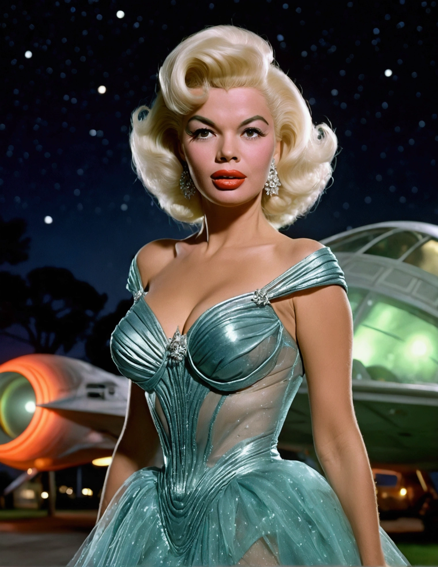 Jayne Mansfield, age 25, alien sheer gown, 50s styling, odd makeup, alien princess, space ship behind her, landing gear down, seductive approach to viewer, suburb at night, highly detailed, photorealistic, masterpiece, 8k, cinematic lighting, dramatic atmosphere, vibrant colors, volumetric lighting, sharp focus, ultra-fine details
