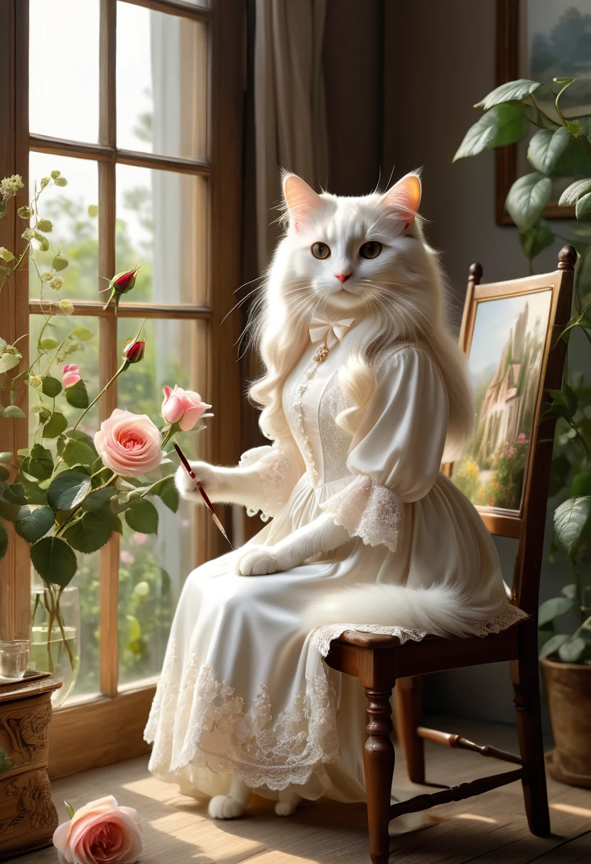 Realistic portrait of a dressed animal - beautiful long-haired white cat, painter,(He is painting a picture of a rose flower on a standing canvas while sitting on a wooden chair by a window in an interior room surrounded by beautiful plants), high quality,(Lovely) ,Intricate details, Very detailed ((Elegant lace white floral one-piece dress) ,Antique Photos、Nostalgia、Very detailed decorations,, (Happy), Natural light,Evening Light、Magic Hour(Full body image:1.5)