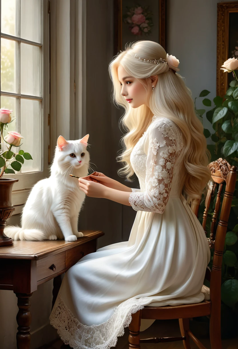 Realistic portrait of a dressed animal - beautiful long-haired white cat, painter,(He is painting a picture of a rose flower on a standing canvas while sitting on a wooden chair by a window in an interior room surrounded by beautiful plants), high quality,(Lovely) ,Intricate details, Very detailed ((Elegant lace white floral one-piece dress) ,Antique Photos、Nostalgia、Very detailed decorations,, (Happy), Natural light,Evening Light、Magic Hour(Full body image:1.5)