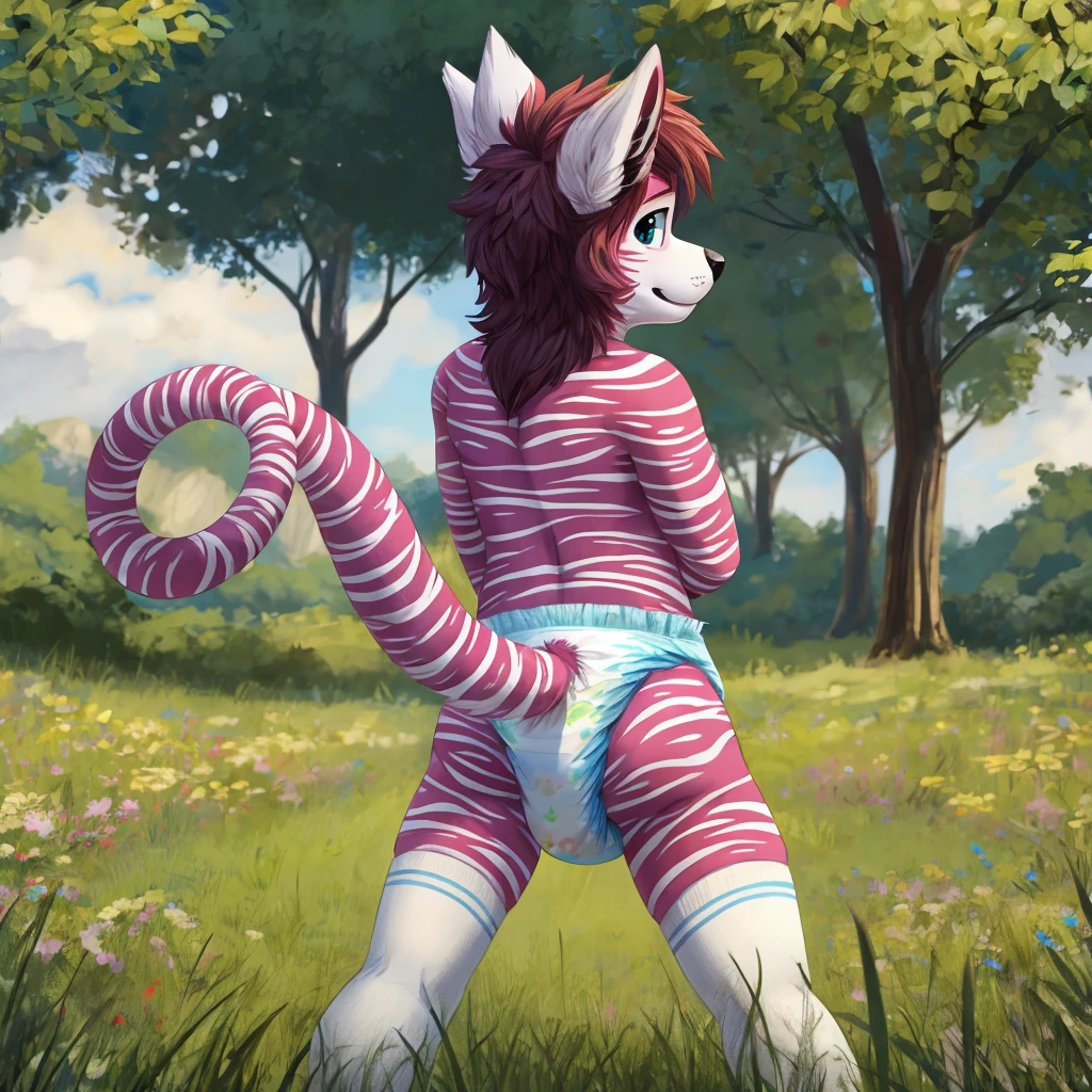 Anthropomorphic male canine, twirl tail, fullbody view, solo, digital art, different views, wearing long socks with white stripes and a poopy diaper, from behind