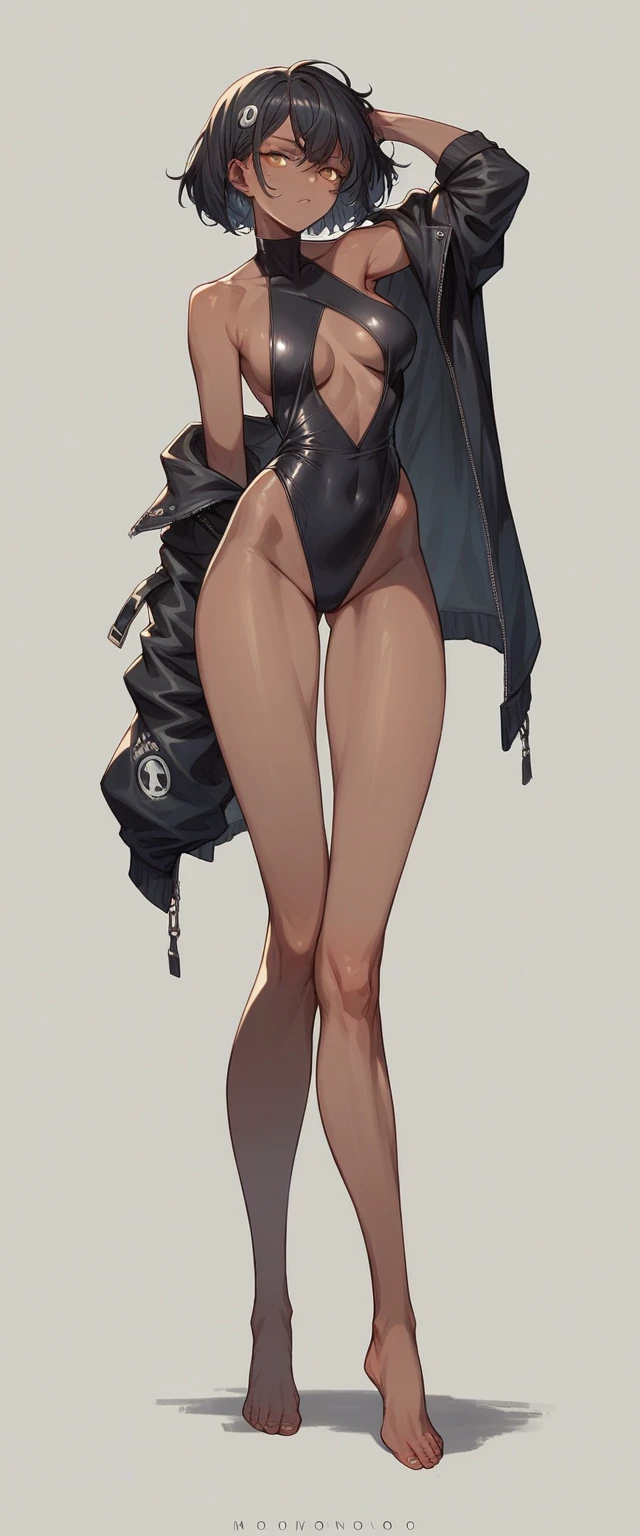 Noir (nod) wearing a skin black full body black swimsuit